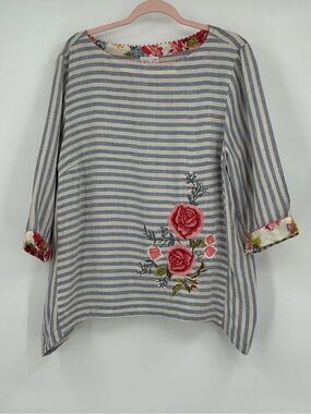 J. Jill Blue and White Striped Tunic with Pink Rose Floral Embroidery
